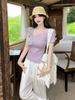 Camiseta de Manga Corta con Cuello Inclinado Dulce y Fresca Estilo Coreano para Mujer Diseño de Verano Nicho Elegante Slim Top Corto