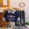 Conjunto de Primavera y Otoño para Niños Estampado de Oso de Dibujos Animados Juego de Dos Piezas Sudadera Casual a Cuadros y Pantalones para Bebé Moderno