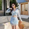 Traje de Banho Dividido Estilo Coreano Feminino Biquíni de Três Peças Blusa Estilo Fragrante Ângulo Reto Seios Pequenos Push-up Traje de Banho para Águas Termais