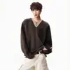 Tricô Retro Falso Duas Peças Gola V Costura Masculino Outono Inverno Estilo Preguiçoso Solto Tamanho Grande Tricô Pulôver Tricô Polo
