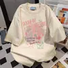 Camiseta de manga corta con estampado de grafiti de algodón puro retro japonés para mujer, linda y simple, corte holgado, top estilo BF de verano