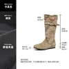 Couro Macio~Salto Escondido Amassado Empilhado Botas Longas Femininas Retrô Outono Novo Cano Alto Botas Longas de Duas Vias Botas de Equitação