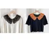 Chal de encaje con cuello de muñeca calado, blusa de mujer decorada con perlas, cuello postizo, sobrefalda estilo coreano