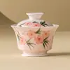 Fabricante Rosa Melocotón Tazón Cubierto de Flor de Melocotón Pintado a Mano Juego de Té Kung Fu Individual Infusor de Té Tazón de Té Cerámico No Caliente con Tapa