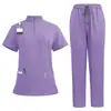 Uniforme de trabalho com zíper e gola alta para enfermeiro, conjunto de vestuário de trabalho com múltiplos bolsos, conjunto de uniforme de trabalho para salão de beleza, hospital de animais