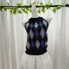Otoño Temprano 2025 Moda Coreana Cuello Redondo Cuello Halter Color de Contraste Cuadros de Rombos Sin Mangas Chaleco de Punto de Terciopelo Andy