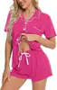 Toma Real de Nuevo Conjunto de Pijama Cardigan de Estilo Europeo y Americano Transfronterizo, Conjunto Casual de Ropa de Casa para Mujer con Solapa, Conjunto de Dos Piezas con Pantalones Cortos y Manga Corta