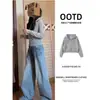 Chamarra sudadera corta gris para mujer, cárdigan con capucha para principios de otoño, top fino con cremallera de manga larga, estilo coreano, adecuado para figuras petite