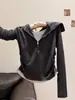 Camiseta de manga larga estilo coreano con media cremallera, efecto dos piezas, para mujer, modelo nuevo con fruncido lateral en la cintura, corte ajustado y elegante, chaqueta pequeña 13991