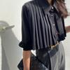Camisa Polo Preta Plissada Única e Sofisticada para Mulheres, Estilo Coreano, Design de Primavera, Camisa Curta, Top Versátil de Cintura Alta