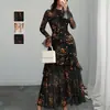 Nuevo Vestido Negro Estampado Europeo y Americano Manga de Hoja de Loto Estampado de Plantas y Flores Vestido de Nicho Vestido Largo de Vacaciones para Mujer
