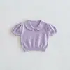 Camiseta de Punto Hueca de Verano para Bebé Niña 2026 con Bloques de Color, Transpirable Estilo Coreano Manga Corta Cuello Solapa Bebé Top con Mangas Abullonadas