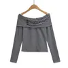 3536-25 Nuevo Estilo de Invierno Americano Sexy Sexy Rayas Puños Botón Un Hombro Manga Larga Camiseta Base T-Shirt