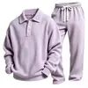 Conjunto de duas peças casual masculino, estilo europeu e americano, em malha waffle de cor sólida, com manga longa e calça longa, simples e versátil