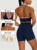 Sujetador deportivo de estilo europeo y americano, color contrastante, sexy, escote halter en V profundo, sujetador de yoga de secado rápido, cepillado por ambos lados, Fitness Bra62718