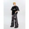 Jeans Larga Preto Estilo Americano High Street Desgastado para Homens e Mulheres, Adequado para Todas as Estações, Calça Fina de Cintura Alta Solta de Perna Reta Comprimento Total