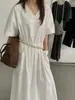 Wensen Online Estilo Coreano Vestido Casual Holgado de Cuello en V para Mujer Verano Bolsillo con Solapa Diseño Pantalón Falda Larga de Manga Corta 69682