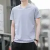 Camiseta de manga curta masculina de verão fina seda gelada gola V segunda pele modal cor sólida manga meia curta top moda