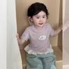 Verão 2025 Novo Estilo Coreano Roupa Infantil Camiseta de Renda de Renda para Meninas Camiseta Infantil Estilo Princesa Fashion de Manga Curta
