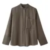 Fábrica de Origem Transfronteiriça Novo Estilo Chinês Camisa com Gola Alta Bordado de Luxo Leve Bolso com Aba Fechamento Oculto Solta Camisa Top para o Dia a Dia