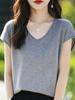 Camiseta de manga corta con cuello en V y color liso para mujer, suéter fino y holgado de alta gama europea, de verano, a la moda
