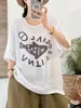 Camiseta de Lino Estampada de Manga Corta con Cuello Redondo, Nuevo Estilo de Verano, Corte Holgado, Adelgazante, Versátil, Estilo Casual y Perezoso