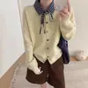 Cardigan Tricô Manga Longa Feminino Coreano Botão Estéreo Patchwork Xadrez Gola Polo Cadarço Jaqueta Top