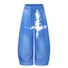 Calças largas de padrão cruzado com perna curva para homens, calças compridas folgadas estilosas de hip-hop com tingimento em spray e efeito desgastado, calças de moletom esportivas casuais com cordão