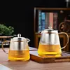 Tetera de cristal con rayas verticales al por mayor, olla de cristal de borosilicato alto resistente al calor con filtro de acero inoxidable, cesta interior para el hogar y la oficina