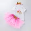 Conjunto de Primera Cumpleaños para Niña Estilo Coreano: Conjunto de 4 Piezas para Cumpleaños de Bebé: Mameluco Estampado, Falda, Diadema y Calcetines