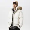 Parka Masculina para Venda por Atacado, Jaqueta de Algodão com Gola de Pelo, Acolchoada e Quente, Casaco Três-Provas, Corte Amplo com Capuz