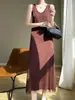 Vestido Largo Casual Sin Mangas de Hielo de Seda con Volantes Sencillo de Color Sólido Cuello en U para Mujer, Transpirable, Cómodo, con Perlas, Estilo Francés, Hasta la Rodilla