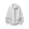 Camisa de rayas para hombre, marca de moda de estilo japonés de otoño, camisa casual con diseño de dos piezas falsas, corte holgado y relajado, top con solapa para hombre, moderno
