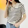 Camisa Polo Verão Estilo Coreano Listrada Algodão Gelado Manga Curta Secagem Rápida Retro Francês Bloqueio de Cores Preto e Branco Polo Feminina