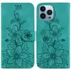 Funda de cuero para teléfono móvil con relieve de lirio de comercio exterior para iPhone 15 Pro Max, funda protectora tipo billetera flip para Apple 14