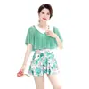 Traje de baño de una pieza talla grande para madres de mediana edad y mayores, conservador, que disimula el abdomen, adelgazante, con cuello de muñeca, estilo vestido floral, adecuado para vacaciones en aguas termales para adultos