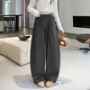 Estilo casual de otoño, diseño de moda plisado, pantalones casuales versátiles tipo globo, pantalones de pierna ancha, pantalones holgados de corte curvo con cordón en la cintura