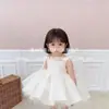 Vestido de Tirantes de Princesa para Niña, Vestido para Fiesta de Primer Cumpleaños Infantil, Vestido Diario de Malla Satinada con Flores para Cumpleaños de Bebé, Blanco