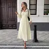 TikTok Otoño 2026 Nuevo Vestido Largo de Color Sólido Estilo Francés Elegante Cuello Marino Vestido de Manga Larga con Cintura Ajustable de Color Contrastante