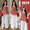 Traje de verano 2025 Estilo retro con temperamento Cuadros Dulce Blusa tipo muñeca Pantalones de pierna ancha Traje para mujer embarazada