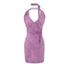 2026 Verano Elegante Cuello Halter Bodycon Falda Corta Estilo Vacaciones Lunares Tie-Dye Terciopelo Verde Malla Falda Plisada para Mujer