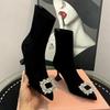 Zapatos de Mujer, Zapatos de Mujer, Tacones Altos Elegantes, Botines Elásticos Ajustados, Botines Negros de Punta Fina para Mujer, Botas de Moda con Hebilla Cuadrada de Pedrería, Botas de Mujer