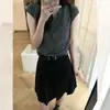 Camiseta Tricotada Manga Curta Gola Polo Cinza Chique Estilo Coreano Feminina Verão Slim Fit Emagrecedor Ombro Caído