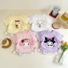 Camiseta de Manga Corta Dopamina Dibujos Animados para Niña Verano Estilo Coreano Bebé Niña Encaje Casual Versátil Elegante Top