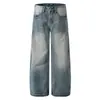 Jeans Retrô Americano com Padrão de Bambu e Raio Masculino Tendência High Street Nicho Alto Senso Solto Perna Larga Calças Cimitarra