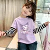 Camiseta Manga Longa Falsa Duas Peças com Estampa de Desenho para Meninas 2026 Outono Nova Estilo Coreano Patchwork 100% Algodão Versátil Gola Redonda