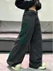 Jeans feminino Y2K de nicho, verde, com bordado pesado de rosas, perna larga, corte curvo, cintura alta, com caimento, solto, calça longa