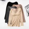 Tops Calientes para Mujer en Invierno, Terciopelo Engrosado con Almohadillas en el Pecho, Ropa de Otoño con Cuello en V, Camisetas Básicas Ajustadas, Camisas de Manga Larga