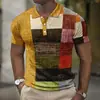 Camisa Polo Europeia e Americana Masculina Transfronteiriça Tendência com Estampa Digital 3D, Bloqueio de Cor Xadrez, Manga Curta, Colarinho Cuban