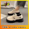 Nuevos Zapatos Casuales de Tacón Grueso Antideslizantes Resistentes al Desgaste Estilo Hong Kong Primavera 2025 Moda Estilo Hada Zapatos Pequeños de Cuero Franceses Europeos para Mujer